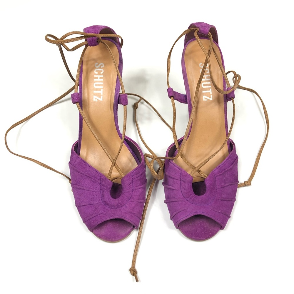 SCHUTZ | Purple Suede Heels Ankle Straps Wrap 7